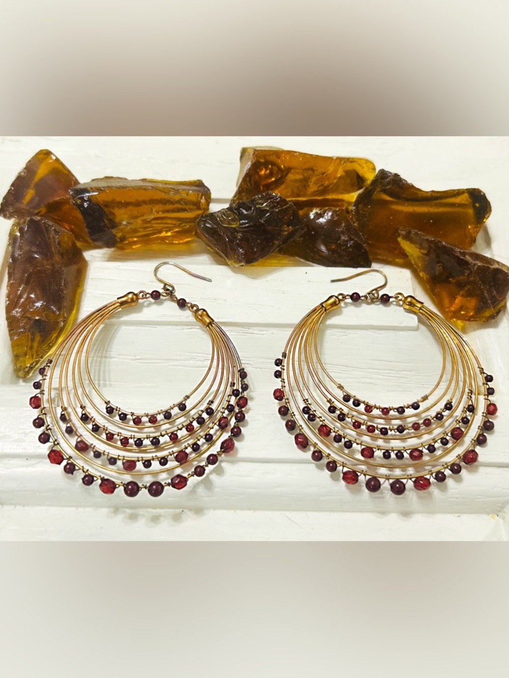 Gold-Tone Multi Hoop Earrings with Shades of Garnet Red Beads